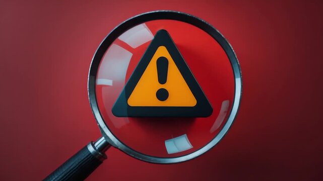 Close-up of a black magnifying glass highlighting a yellow and black warning sign on a smooth red background with consistent framing and lighting throughout the video.