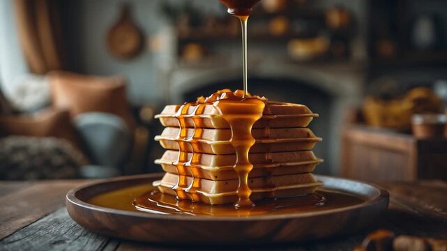 Close-up of stacked waffles being drizzled with golden syrup warm natural light illuminating the rustic kitchen setting wooden table soft textures inviting composition