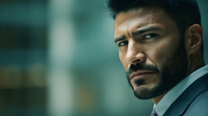 Middle Eastern businessman with serious expression in formal suit against blurred urban background, conveying determination and professionalism.