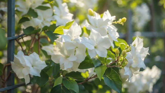 Close-up of vibrant white flowers blooming on green foliage against a softly blurred background captured in natural light with highlights and gentle shadows through a garden trellis