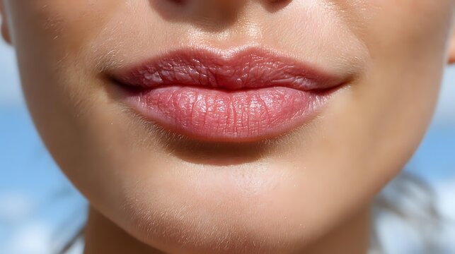 Close-up of full, glossy pink lips against smooth skin with soft blue background, showcasing natural beauty for cosmetic or skincare advertising.