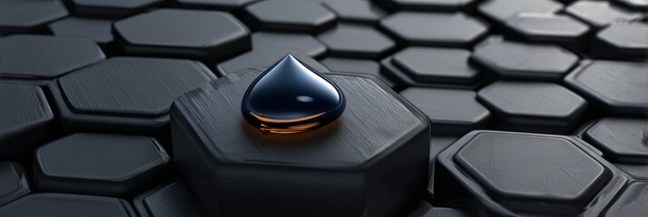 Abstract Dark Hexagonal Background with Glossy Liquid Drop, Modern Geometric Design Pattern.