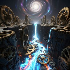 Generative AI Steampunk Galaxy Gear Waterfall Landscape Gears Vortex Surreal Fantasy Mechanical Machine Light River Cliff Stars Space Cogwheel Mechanism Celestial Future