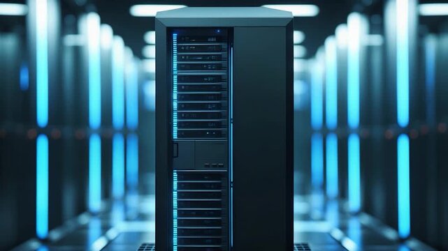 Close-up of a modern server rack illuminated by soft blue lights in a high-tech data center with rows of servers creating a futuristic technological environment.
