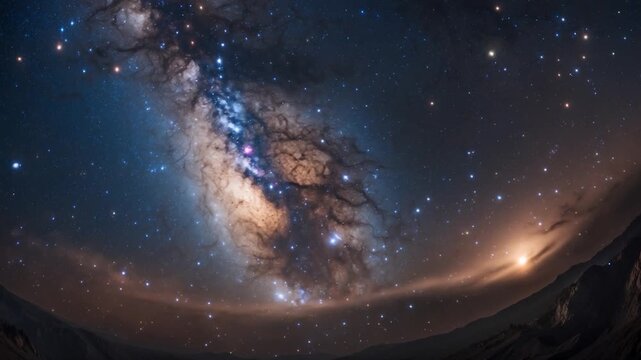 Stunning galaxy view featuring vibrant star clusters shifting nebulas and celestial formations in a night sky filled with bright stars and soft cloud patterns