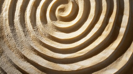 Abstract patterns of sand spirals creating serene and calming visual texture for relaxation, meditation, or art background in sandy tones