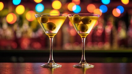 Close-up of two stylish martini glasses filled with green olives on a polished bar counter illuminated by colorful bokeh lights in a lively nightlife setting showcasing vibrant hues and soft - Powered by Adobe