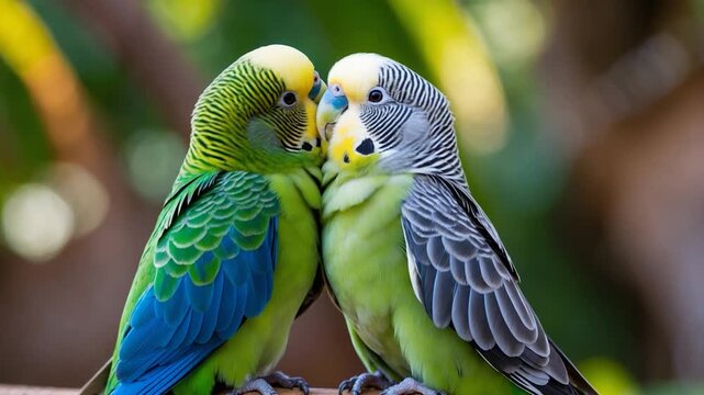 Close-up of two colorful parakeets gently facing each other showcasing vibrant green yellow and blue feathers in soft natural light set against a blurred green backdrop of foliage.