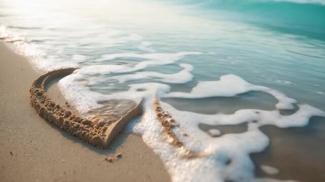 Two heart-shaped sand drawings on a beach gentle waves washing over one heart soft natural light creating a tranquil coastal scene with smooth sand and turquoise water in the background