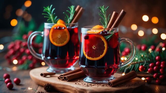 Two clear glass mugs filled with warm mulled wine garnished with orange slices cinnamon sticks and rosemary sprigs surrounded by festive bokeh lights and red berries on a wooden tray