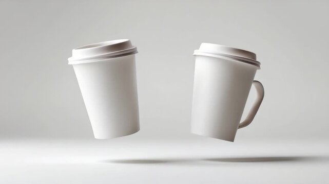 Two floating white coffee cups with lids in a minimalistic soft light setting showcasing dynamic rotation and slight movements against a smooth gray background