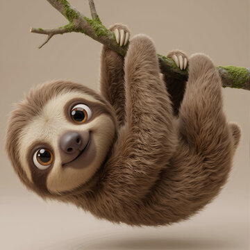 Cute 3D Baby Sloth Hanging on Tree Branch &ndash; Adorable Cartoon Forest Animal