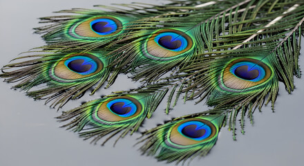 Fototapeta premium Five Iridescent Peacock Ocellus Feathers on a Polished Dark Gray Surface