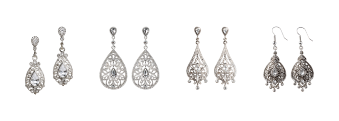 Elegant drop earrings with silver and crystal isolated white transparent Background