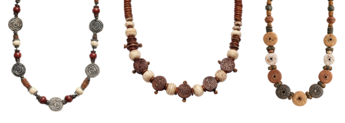 Beaded necklaces with natural materials and ornaments isolated white transparent Background