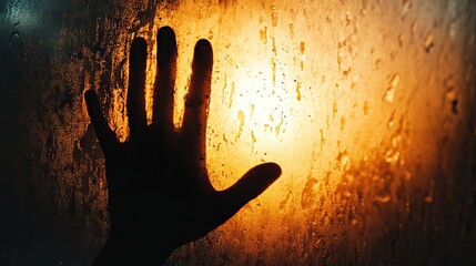 Silhouette of a Hand Against a Wet Glass Surface with Warm Amber Light Diffusing Through the Water Droplets in a Dreamy Atmosphere