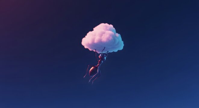 Surreal ant flying with a cloud in the night sky. Dream, imagination, and ambition concept with 3D render.