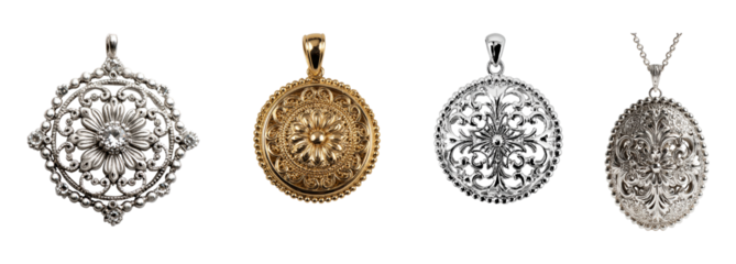 Ornate pendants jewelry set on transparent backdrop isolated white transparent Background