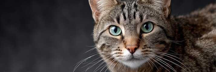 Charming Tabby Cat with Beautiful Green Eyes Captured in a Serene Gray Background, Exuding Elegance