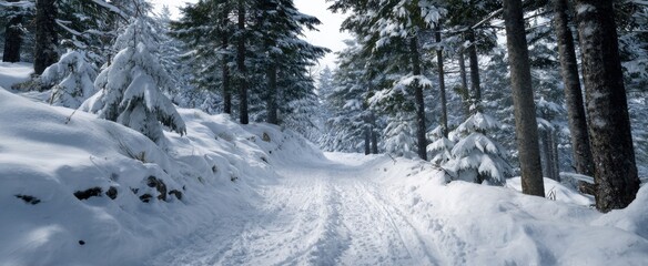 Fototapeta premium Snow-covered path twisting through woodland for off-road vehicles fun and adventure.