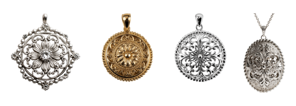 Ornate pendants jewelry set on transparent backdrop isolated white transparent Background