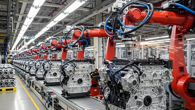 Automated engine assembly line with robotic arms and conveyor belt in a factory setting