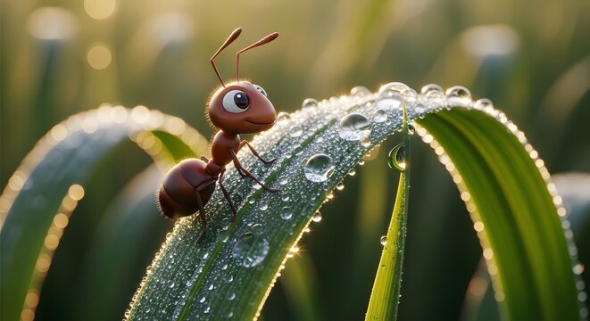 Cute 3D cartoon ant on dewy grass blade in magical morning sunlight. Whimsical CGI insect character in a macro nature sc
