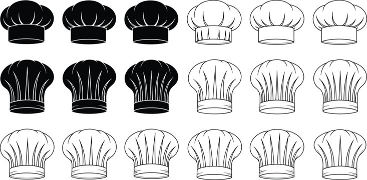 Set of chef hat silhouettes and outlines, restaurant cooking uniform icons, bakery logo design collection, cad drawing flat vector illustration.
