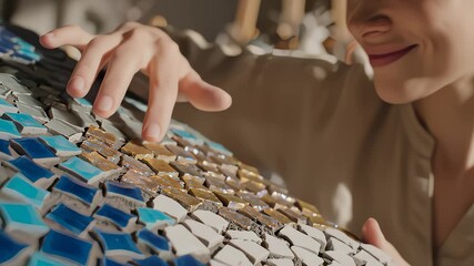 Woman Arranges Small Mosaic Tiles to Create a Unique Art Piece