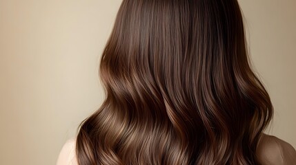 Fototapeta premium Luxurious brunette hair with soft waves cascading down, showcasing healthy shine and volume against neutral beige background. Perfect for beauty advertising.
