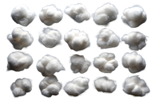 Rows of pure white cotton balls on transparent background, soft texture, hygienic, and gentle for skincare, makeup removal, wound care (144)
