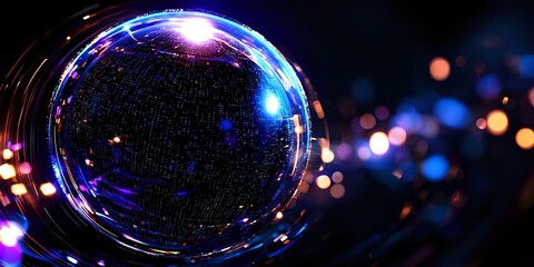Glowing digital sphere with blue and purple illumination against dark background with colorful bokeh lights.