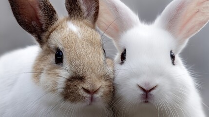 Two rabbits, one brown and white, the other pure white, sit closely together. They have soft fur and alert expressions, showcasing their gentle nature.