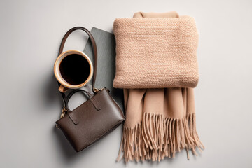 Cozy accessories including a scarf, handbag, and coffee mug.