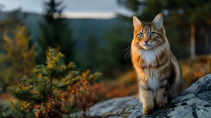 Majestic Maine Coon cat sitting on rock in mountain wilderness at sunset, golden light illuminating its thick fur and alert expression.