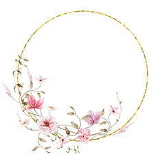 Watercolor flower wreath with gold circle frame.