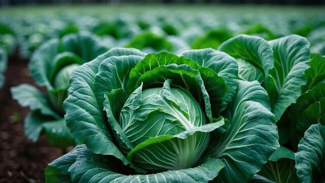 Close-up of fresh vibrant green cabbage heads in a field showcasing their intricate leaf patterns glossy texture and healthy growth amidst soft natural lighting under a clear sky.