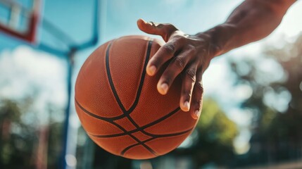 Fototapeta premium Close-Up of a Hand Gripping a Basketball in Motion on a Sunny Outdoor Court with a Blurred Background