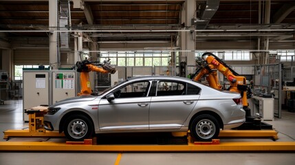 Fototapeta premium Robotic automation enhances vehicle production manufacturing plant industrial process high-tech environment side view innovation