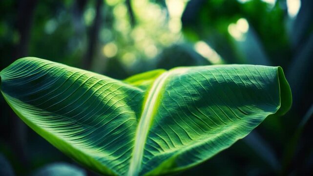 Close-up of a large green banana leaf showcasing vibrant textures and intricate patterns captured in soft natural light with a blurred tropical backdrop creating a lush organic environment