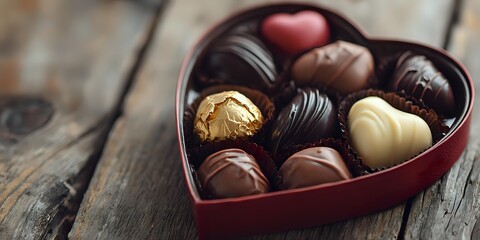 Assorted luxury chocolates in heart-shaped red box on rustic wooden surface, perfect for Valentine's Day, anniversary, or romantic gift-giving occasion.