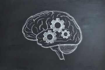 Human brain with mechanical gears drawn in chalk on blackboard, representing cognitive function and mental processes in psychology and neuroscience education.
