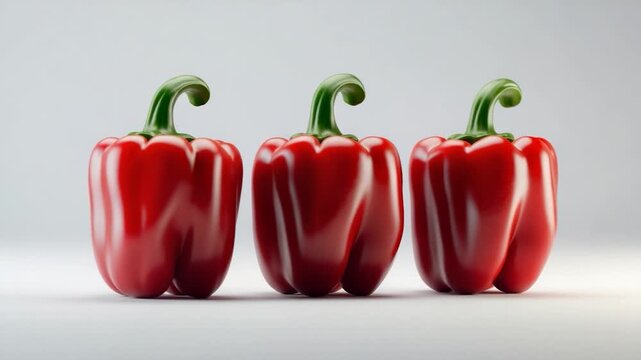 Three glossy red bell peppers arranged in a row with smooth curves and shiny skin set against a minimal gray background showcasing vibrant colors and soft lighting throughout the clip