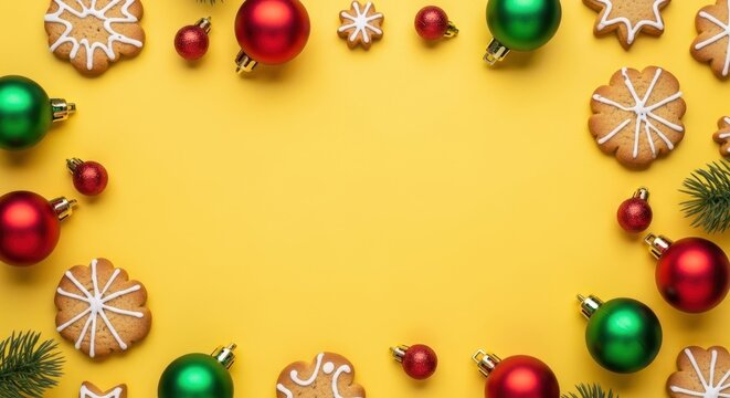 Cheerful holiday scene with vibrant ornaments and decorated gingerbread cookies on yellow surface - Powered by Adobe