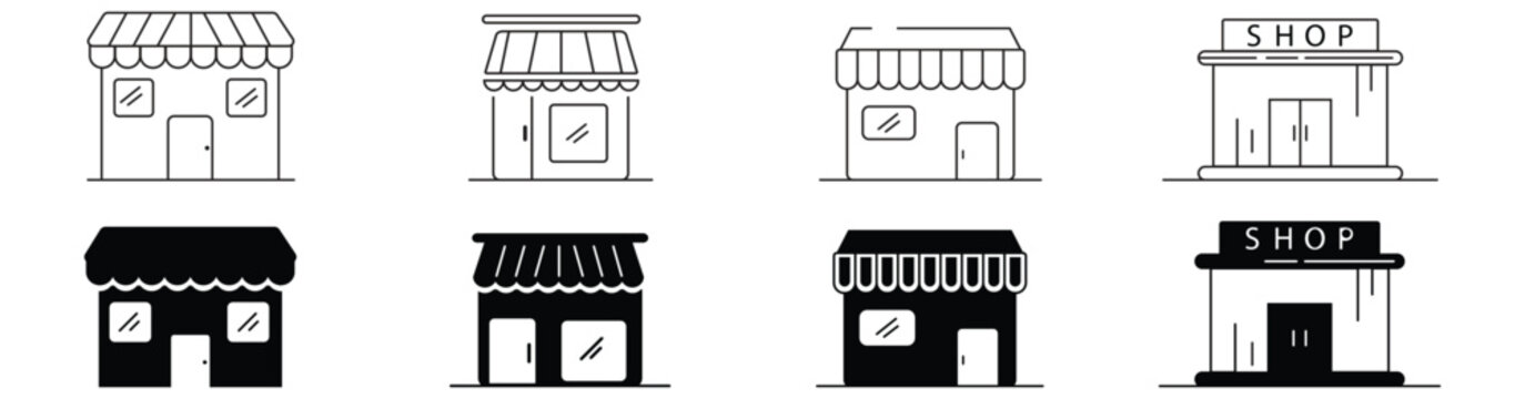 Store icon set with line and glyph shop icons, outline marketplace building &ndash; vector illustration.