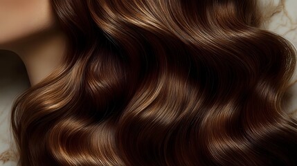 Fototapeta premium Close-up of glossy brown wavy hair with caramel highlights showing healthy texture and shine for beauty and haircare advertising.
