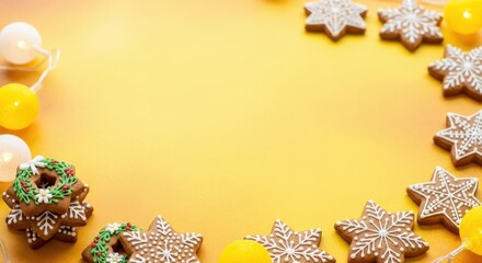 Festive star cookies and glowing orb lights arrayed on bright golden surface for celebratory mood