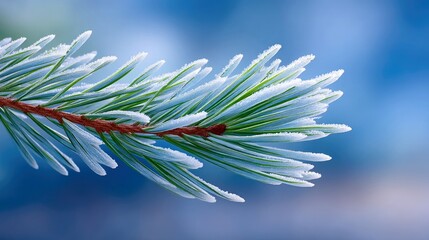Close-up of a pine branch covered in frost, set against a blurred blue background. The image highlights the textures and colors of winter.