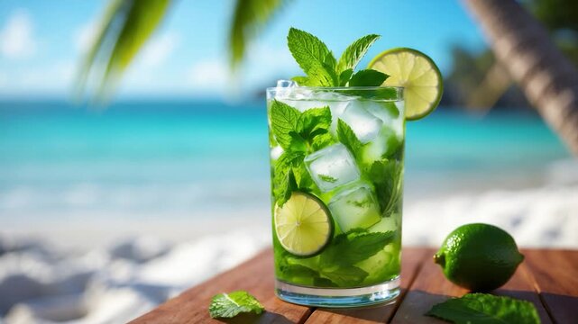 Refreshing mojito cocktail with mint leaves and lime slices in a tall glass on a wooden table by a turquoise sea and sandy beach under bright sunlight