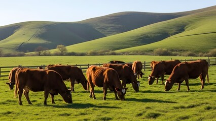 A herd of brown cows grazing in a lush green field with rolling hills in the background on a sunny day